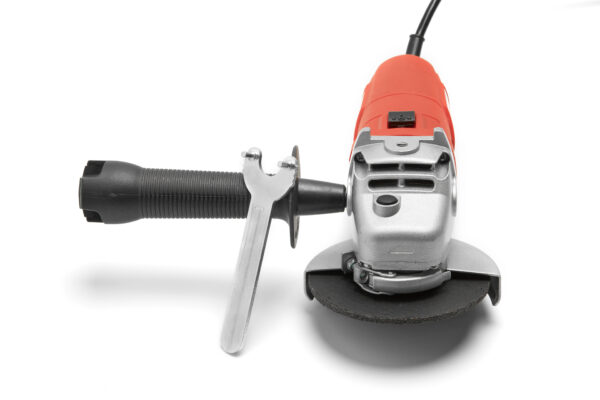 Red SKIL angle grinder front view with wrench accessory