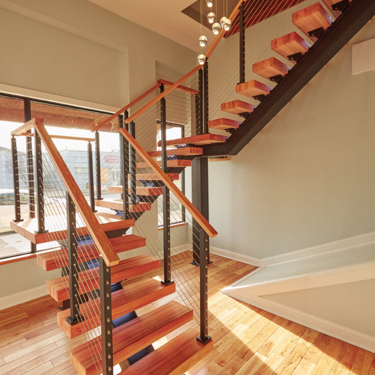 Full Custom Floating Stair Stringer and Cable Railing