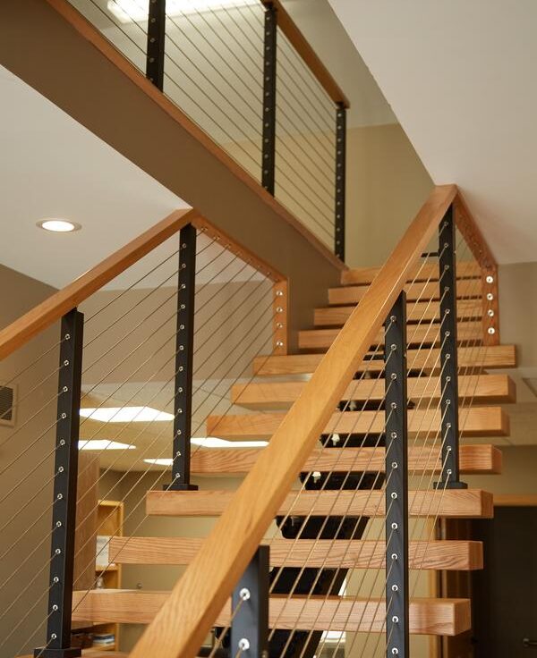 Red oak straight handrail on cable railing