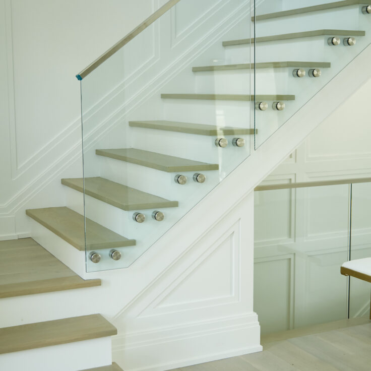 Interior Floating Staircase with Glass railing and standoff pins