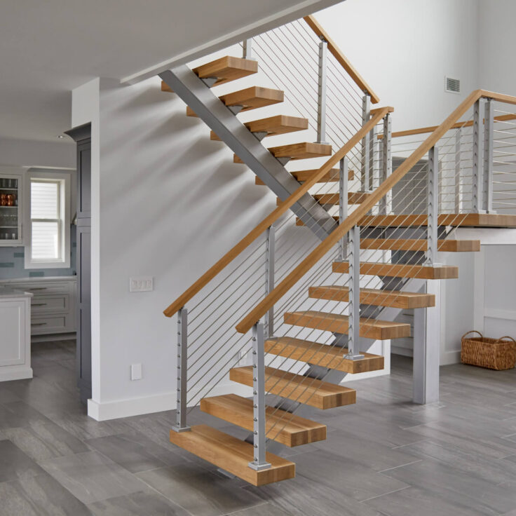 Floating stairs with rod railing