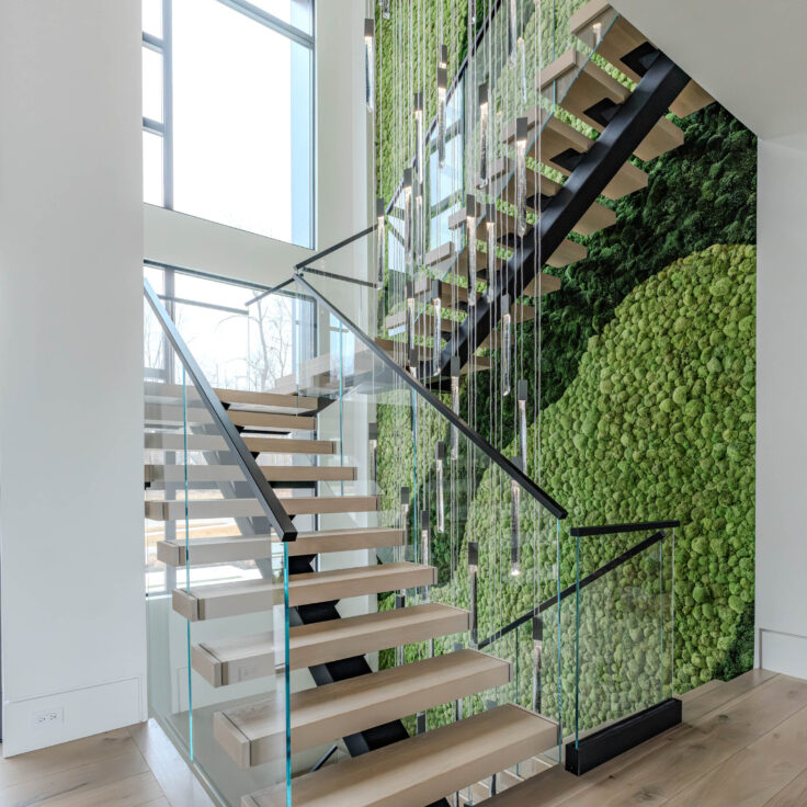 Eclectic Switchback Staircase with Glass Railing